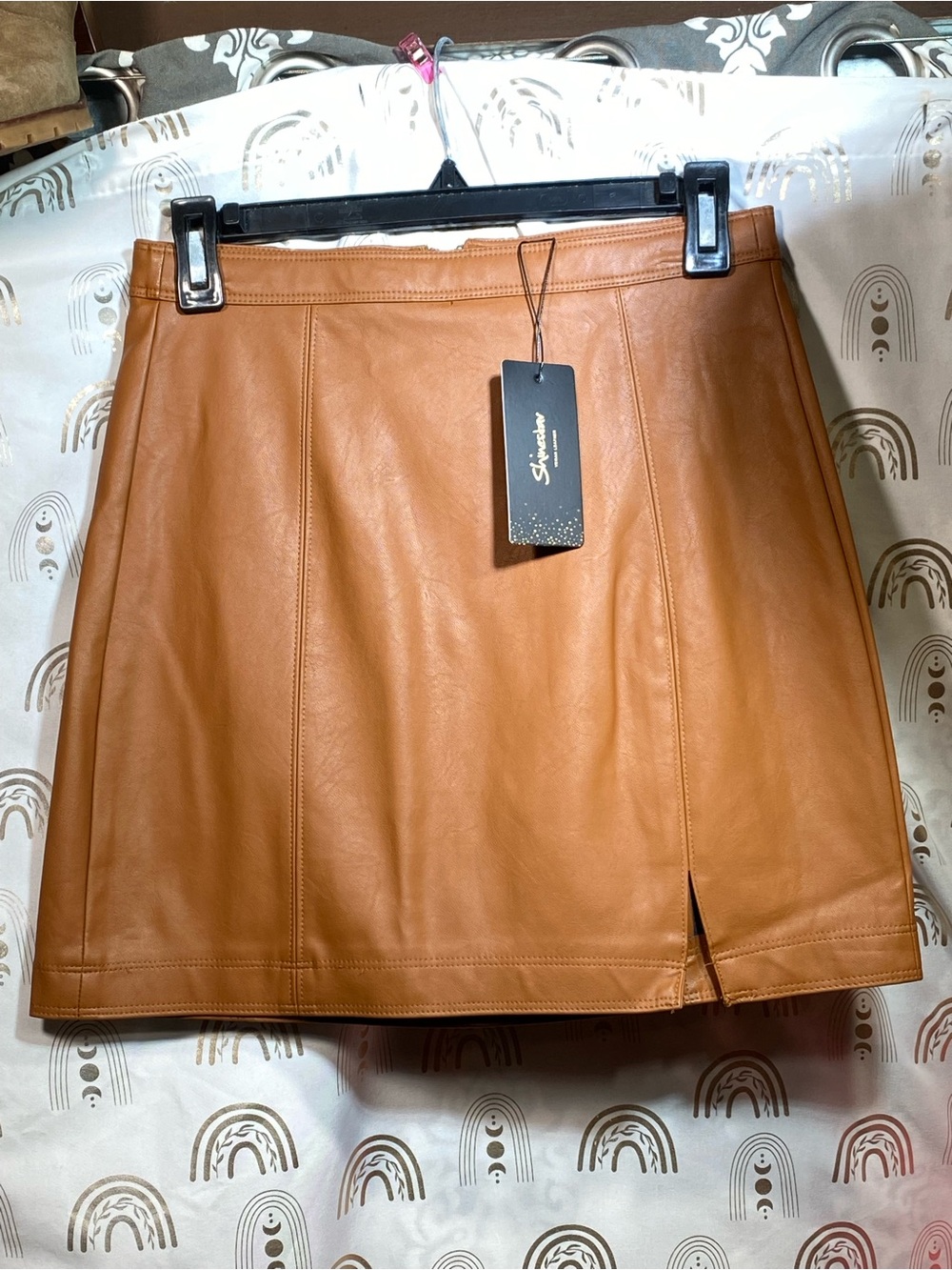 Shinestar Tan Faux Leather Midi Skirt with Front Slit